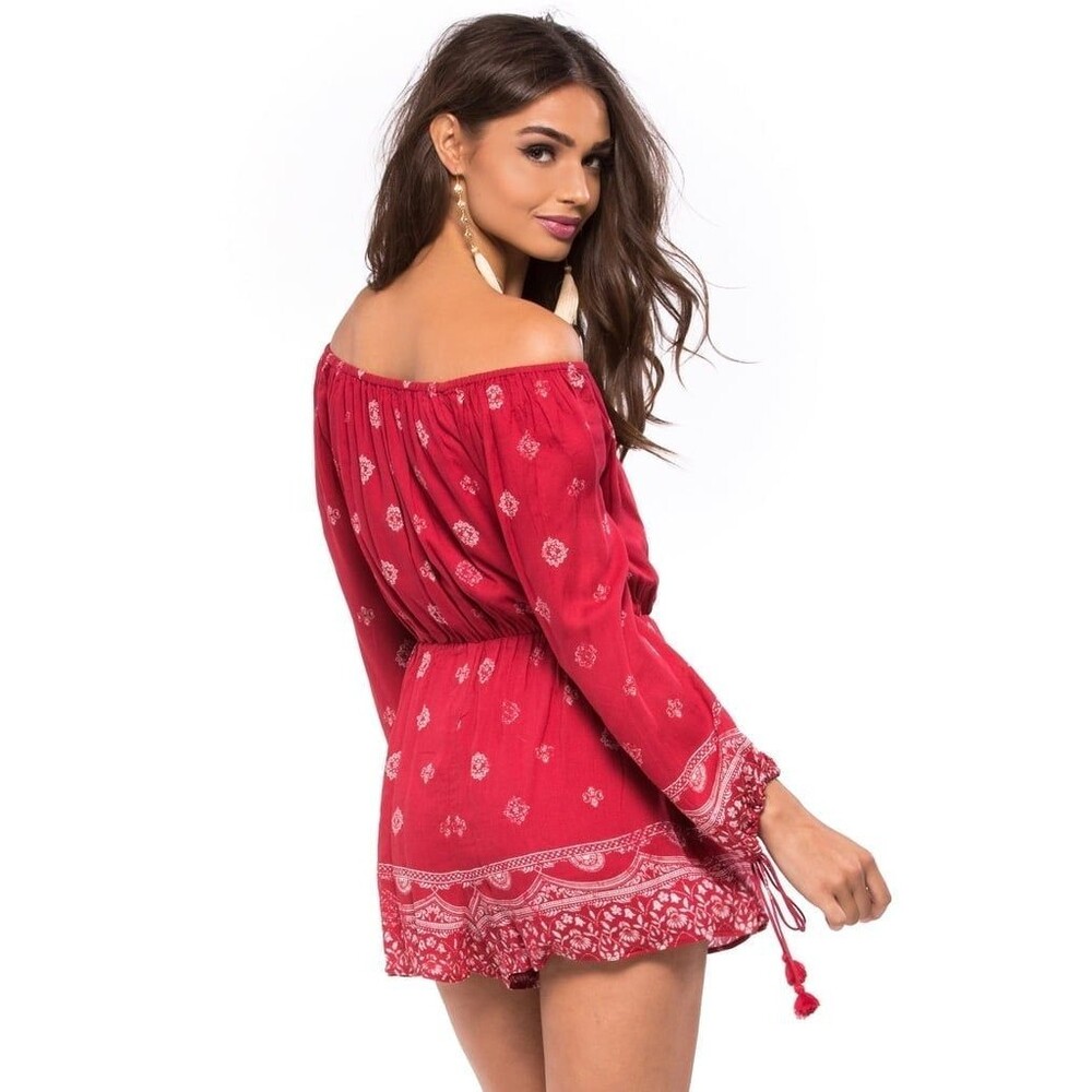NWT The Jetset Diaries Revolve Fuego Romper Red Off Shoulder Tassels - S - Picture 5 of 5